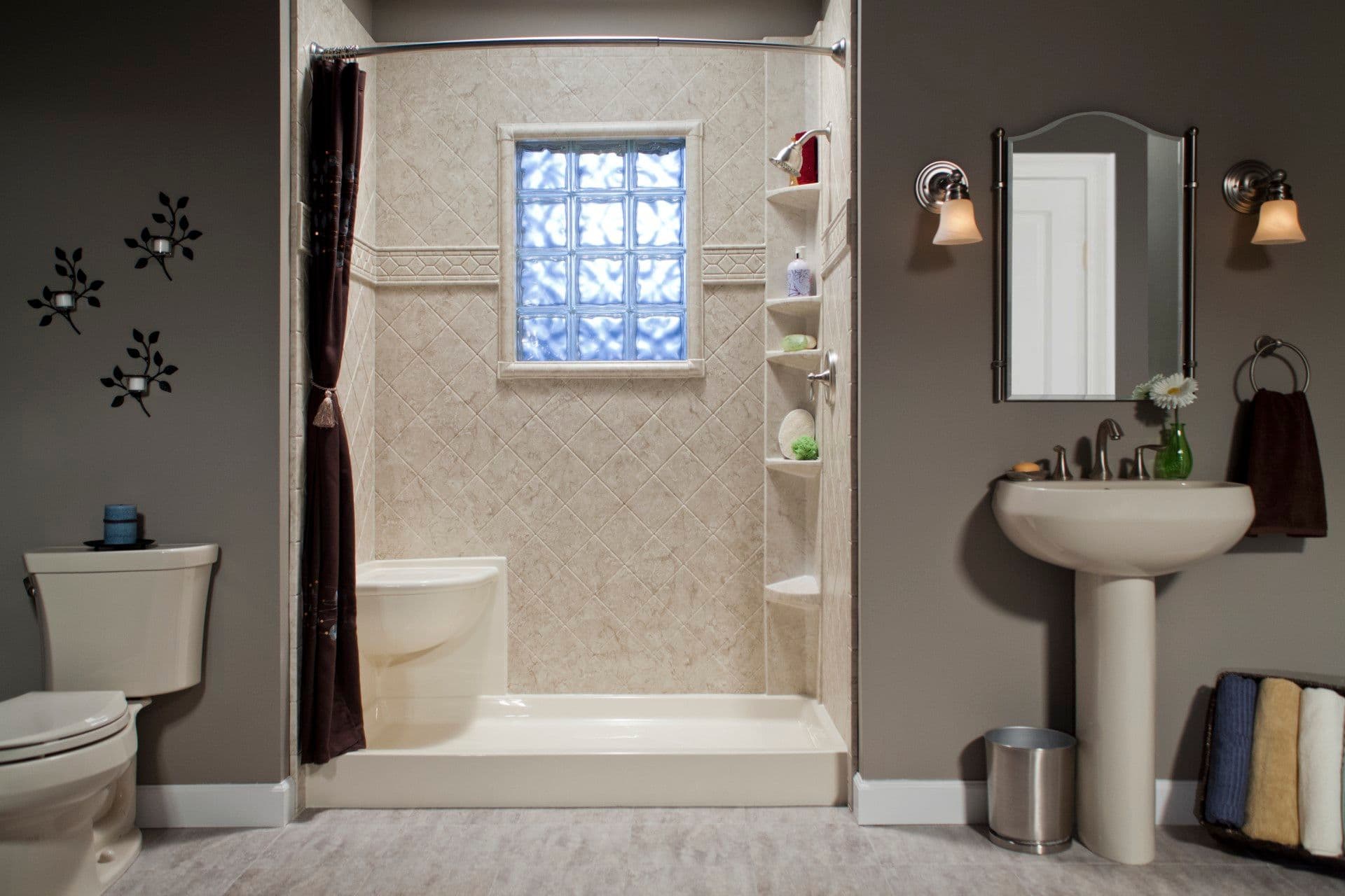 Biscuit_Shower_Base_with_Brecchia_Diamond_Walls_&_Listello-Window_Kit_and_Brushed_Nickel